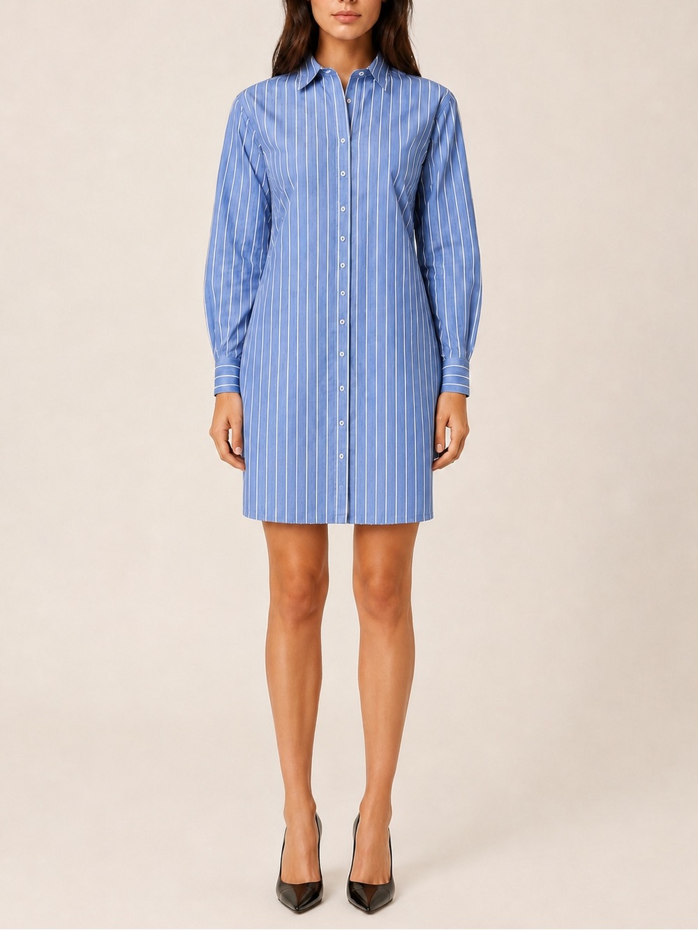 Maje Striped Shirt Mini Dress Blue Cotton Pleated Button Front FR 40 US 8